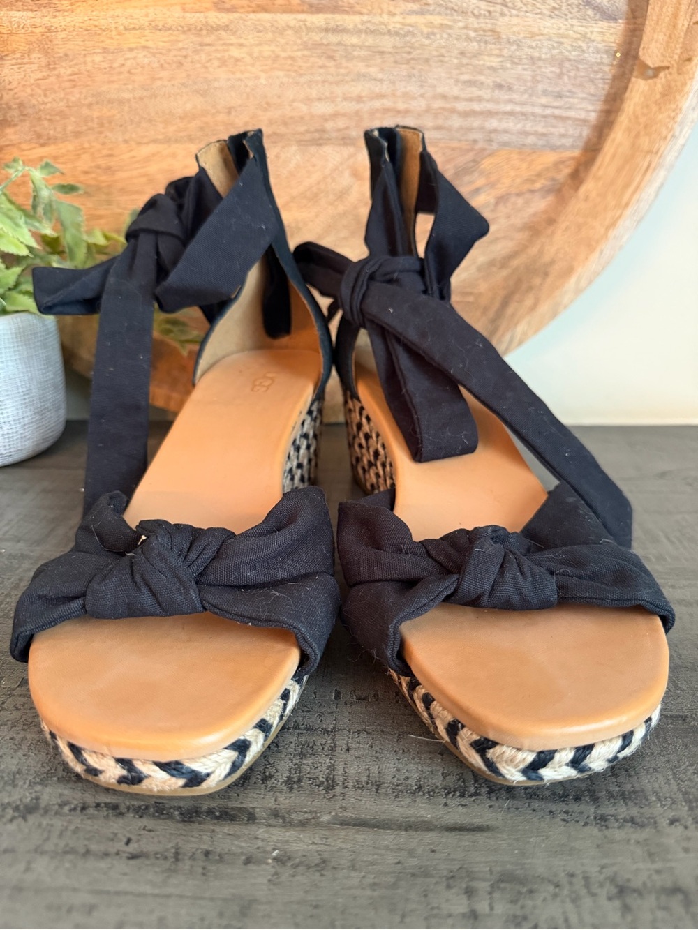 UGG Black Espadrille Tie-Ankle Wedge Sandals